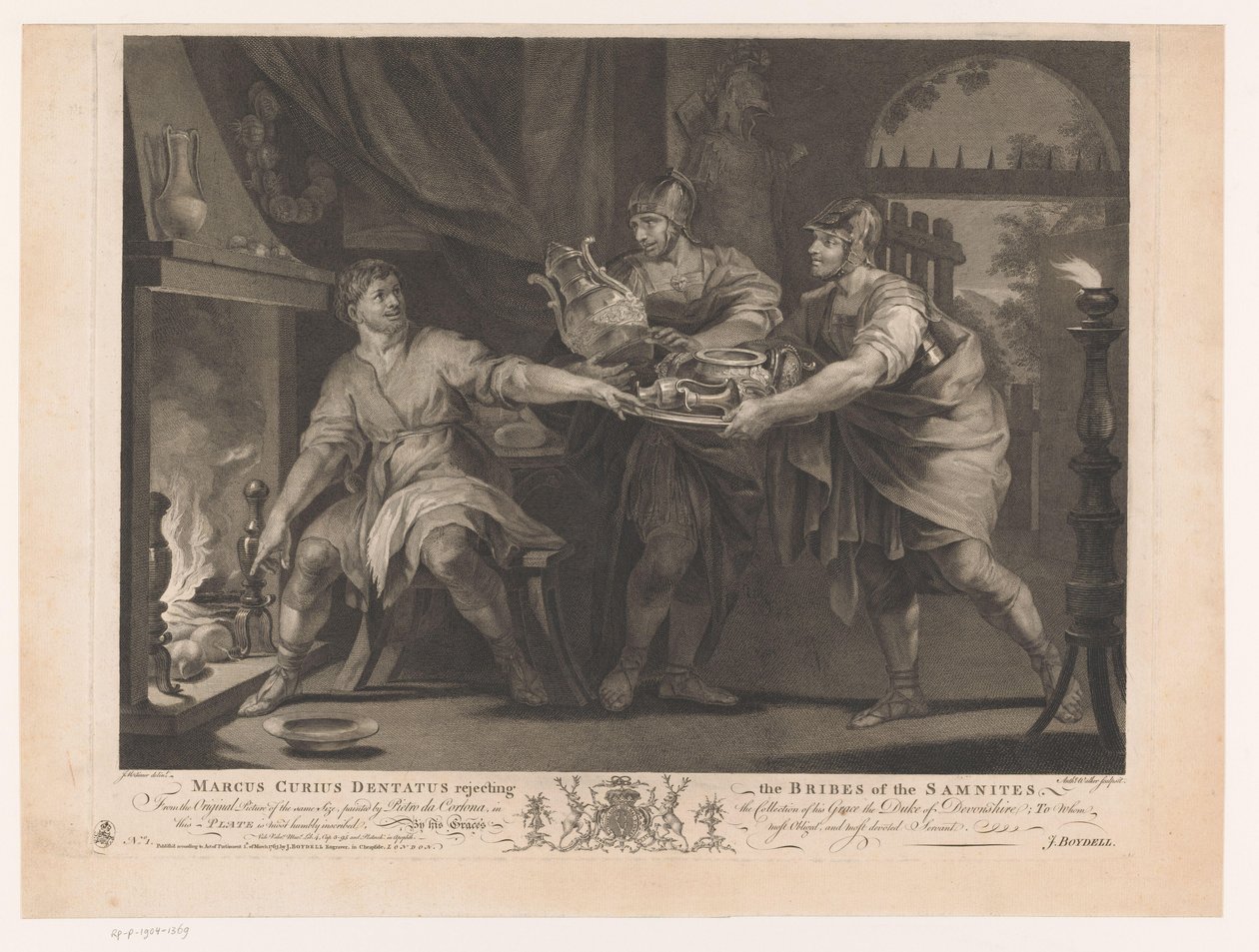 Manius Curius Dentatus odmawia darów Samnitów Marcus Curius Dentatus odrzucający Łapówki Samnitów (tytuł na obiekcie) XVII-wieczne obrazy z kolekcji Devonshire (tytuł serii) autorstwa Anthony Walker
