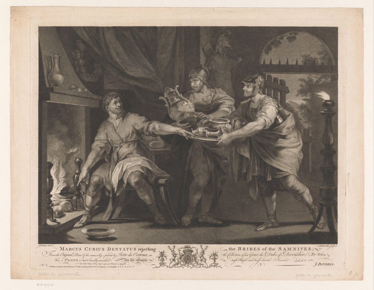 Manius Curius Dentatus odmawia darów Samnitów Marcus Curius Dentatus odrzucający Łapówki Samnitów (tytuł na obiekcie) XVII-wieczne obrazy z kolekcji Devonshire (tytuł serii) autorstwa Anthony Walker