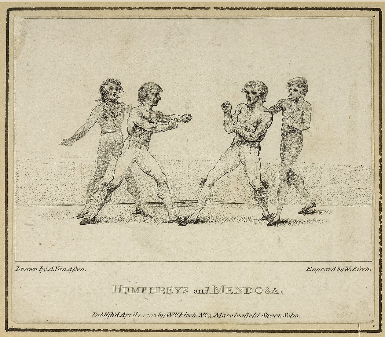 Humphreys i Mendoza, rytowane przez Williama Bircha, wydane w 1792 r. (lito) autorstwa Anthony van (after) Assen