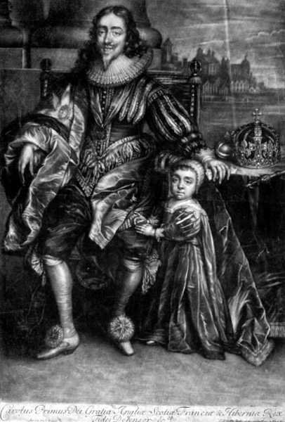 Karol I (1600-49) z synem (rycina) autorstwa Anthony van (after) Dyck