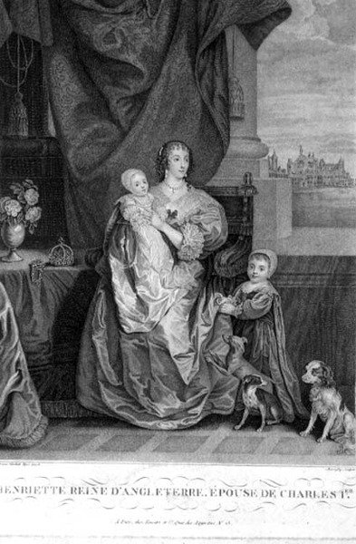 Królowa Henrietta Maria (1609-69) Żona Karola I z dwójką ich dzieci, grawerowana przez Henry