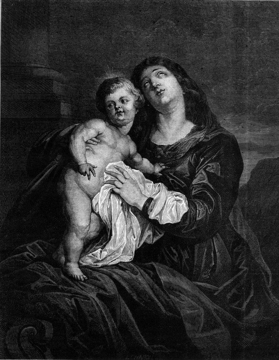 Dziewica i Dzieciątko Jezus. Grawer wg obrazu Antona (Antoon lub Anthony) van Dyck (1599-1641). Grawer w „”Le Monde Illustré”” nr 1239 z 25 grudnia 1880 r. autorstwa Anthony van (after) Dyck