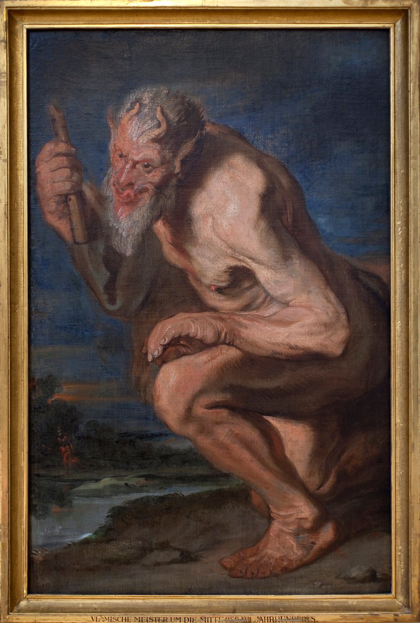 Marsjasz klęczący z aulosami. Obraz przypisywany Antoine (Antoine lub Antoon lub Anton) Van Dyck (1599-1641), olej na płótnie autorstwa Anthony van (attr. to) Dyck