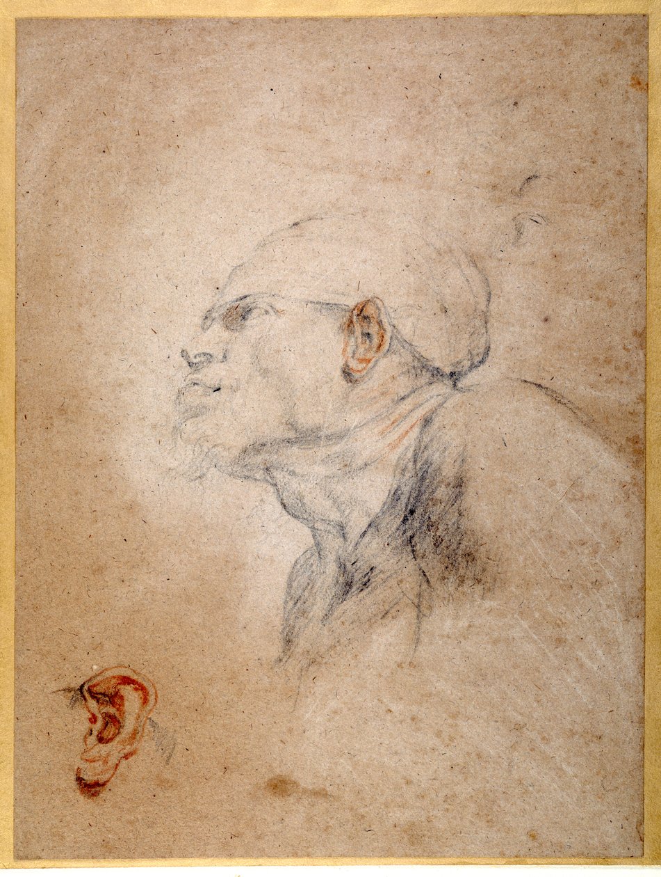 Zabandażowana głowa mężczyzny, lewe ucho ćwiczone osobno (czarne i czerwone kredy na papierze) autorstwa Anthony van Dyck