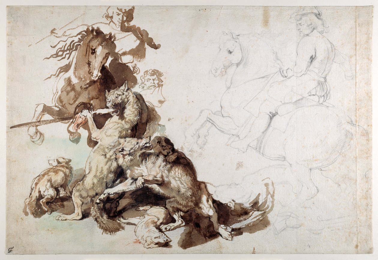 Polowanie na wilka i lisa (Polowanie europejskie) (kredki z praniem na papierze) autorstwa Anthony van Dyck