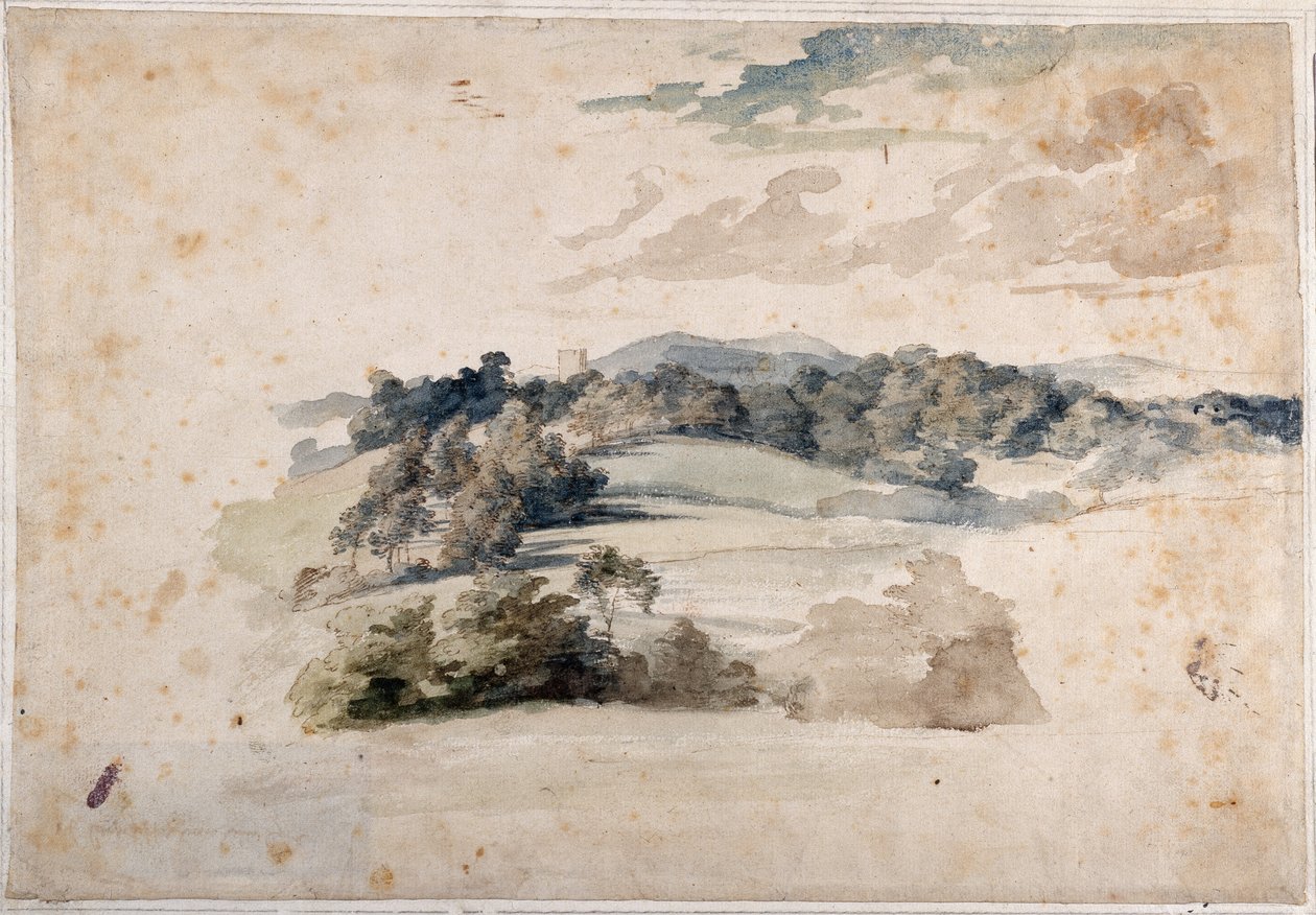 Angielski krajobraz łąk i zalesionych wzgórz (ołówek i akwarela na papierze) autorstwa Anthony van Dyck