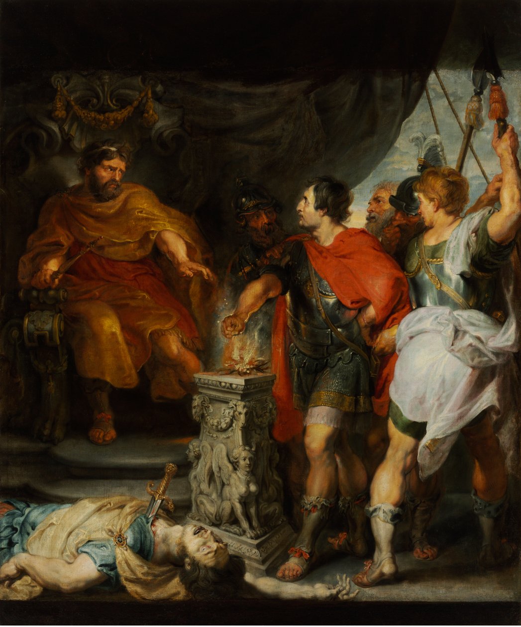 Caius Mucius Scaevola, jeune patricien romain capture par la garde royale de Porsenna (Porsinna, Porsena) autorstwa Anthony van Dyck