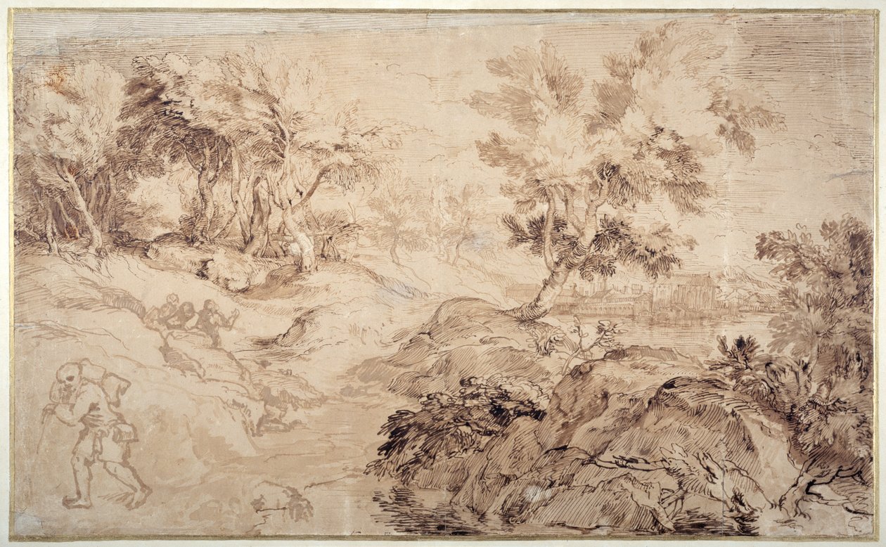 Krajobraz w stylu Tycjana (pióro i atrament na papierze) autorstwa Anthony van Dyck
