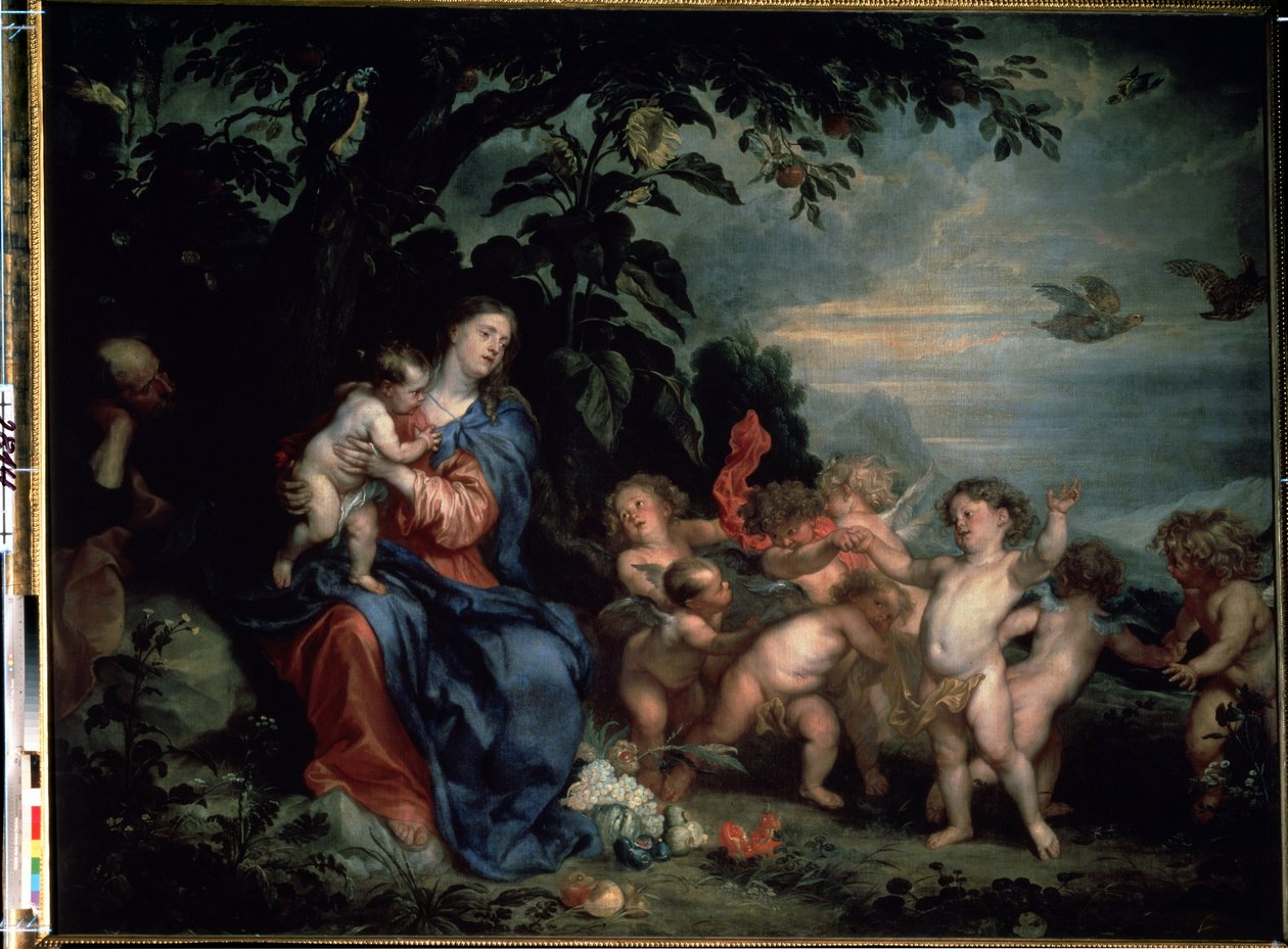 „Odpoczynek w ucieczce do Egiptu lub Dziewica z kuropatwami” (Odpoczynek w ucieczce do Egiptu (Dziewica z kuropatwami)) Obraz Sir Anthonis van Dyck (1599-1641) 1629-1630 Wymiary 215x285,5 cm Muzeum z pustelnia, Sankt petersburg autorstwa Anthony van Dyck