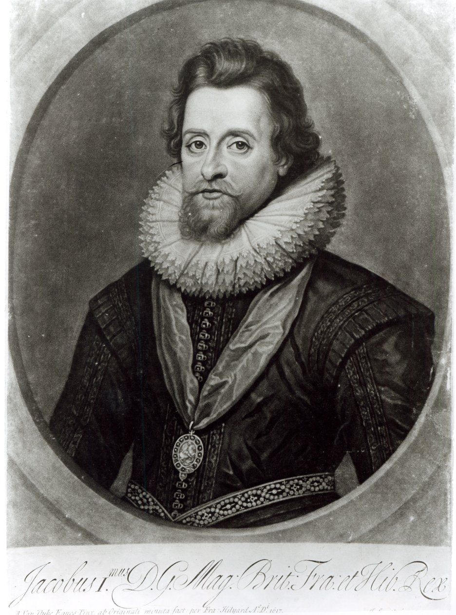 Portret Jakuba I (1566-1625) wg miniatury Nicholasa Hilliarda (1547-1619) z 1617 r., sztychowany przez George