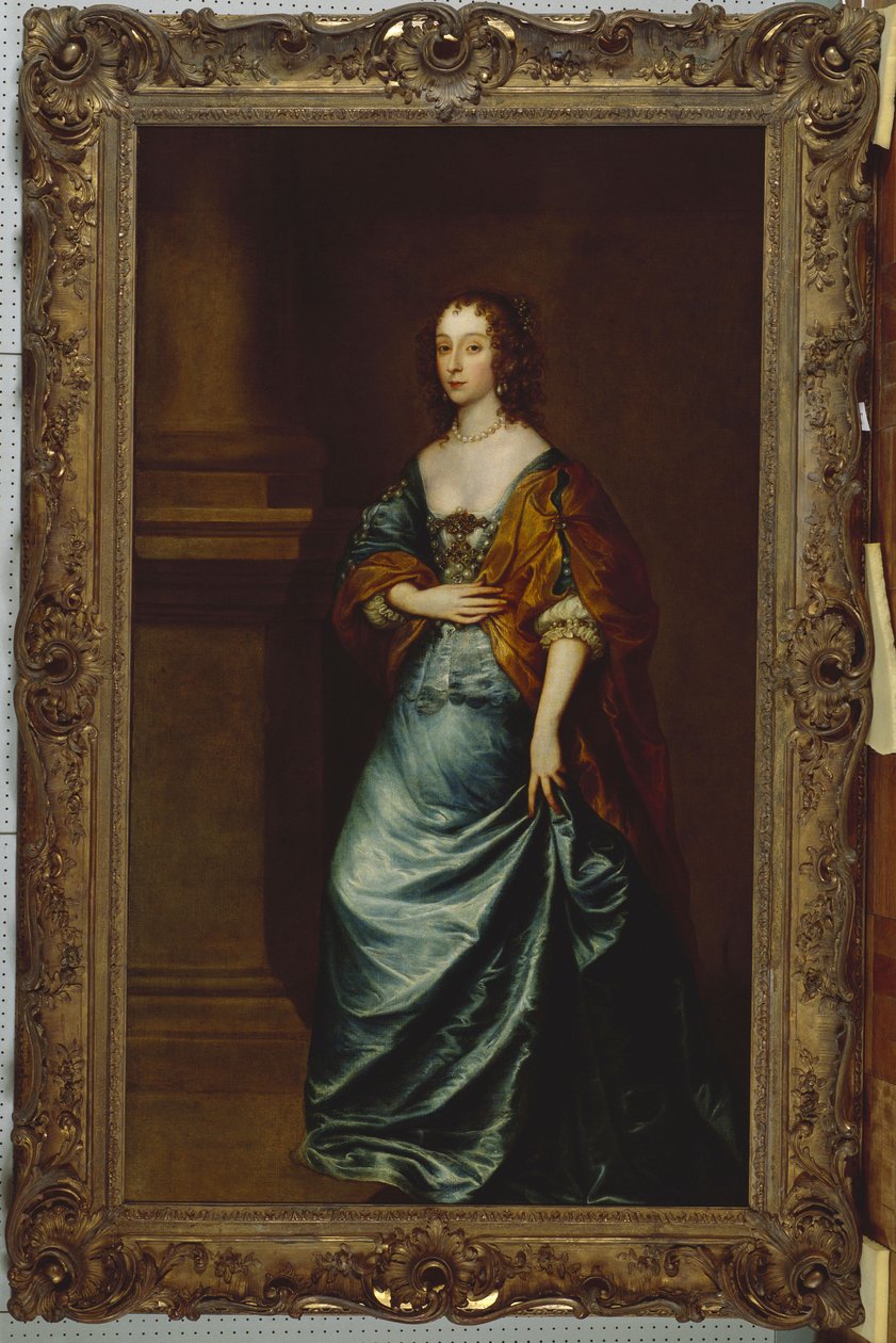 Portret Mary Villiers, księżnej Lennox i Richmond, w niebieskiej sukience i brązowej chuście przy kolumnie autorstwa Anthony van Dyck