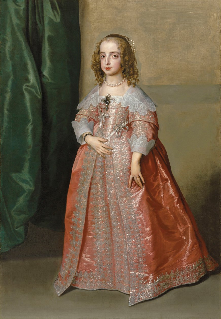Portret księżniczki Marii (1631-1660), córki króla Anglii Karola I, w pełnej długości, w różowej sukni ozdobionej srebrnym haftem i wstążkami. autorstwa Anthony van Dyck