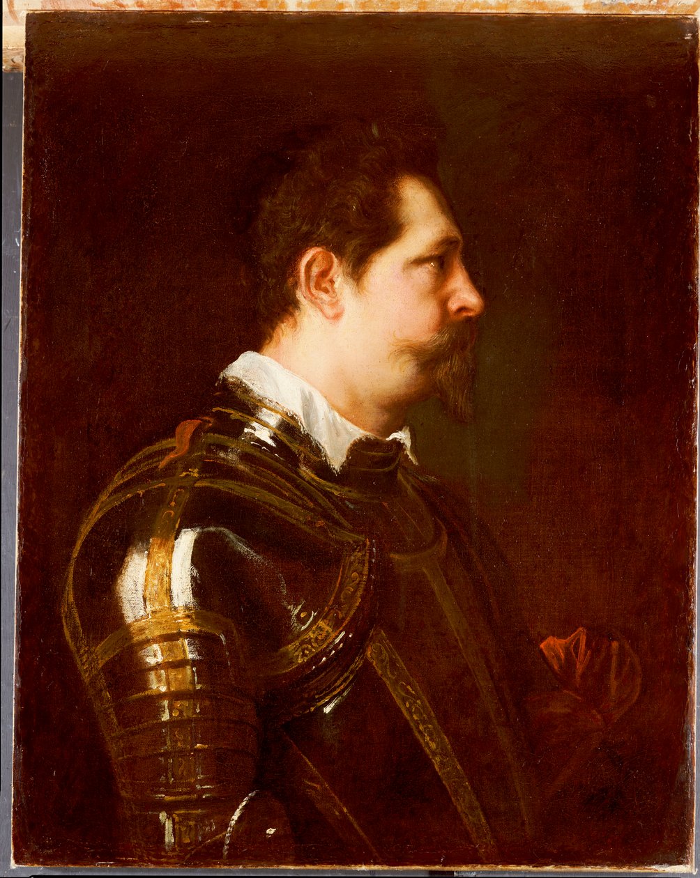 Portret generała, długość biustu, w zbroi damasceńskiej z białym kołnierzykiem i czerwoną szarfą autorstwa Anthony van Dyck