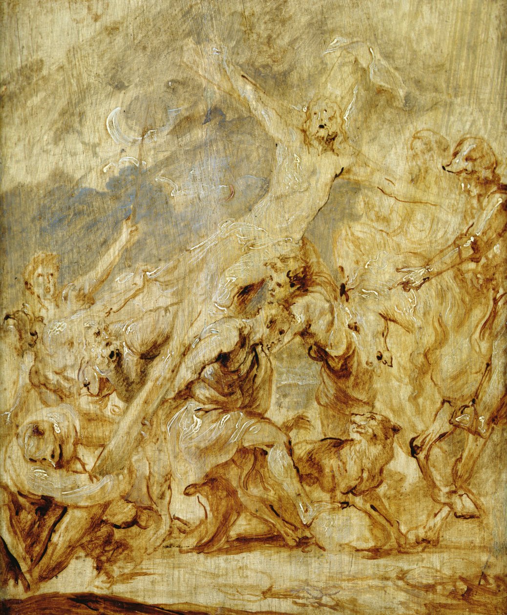 Szkic podnoszenia krzyża, 1630 (olej i grisaille na drewnie) autorstwa Anthony van Dyck