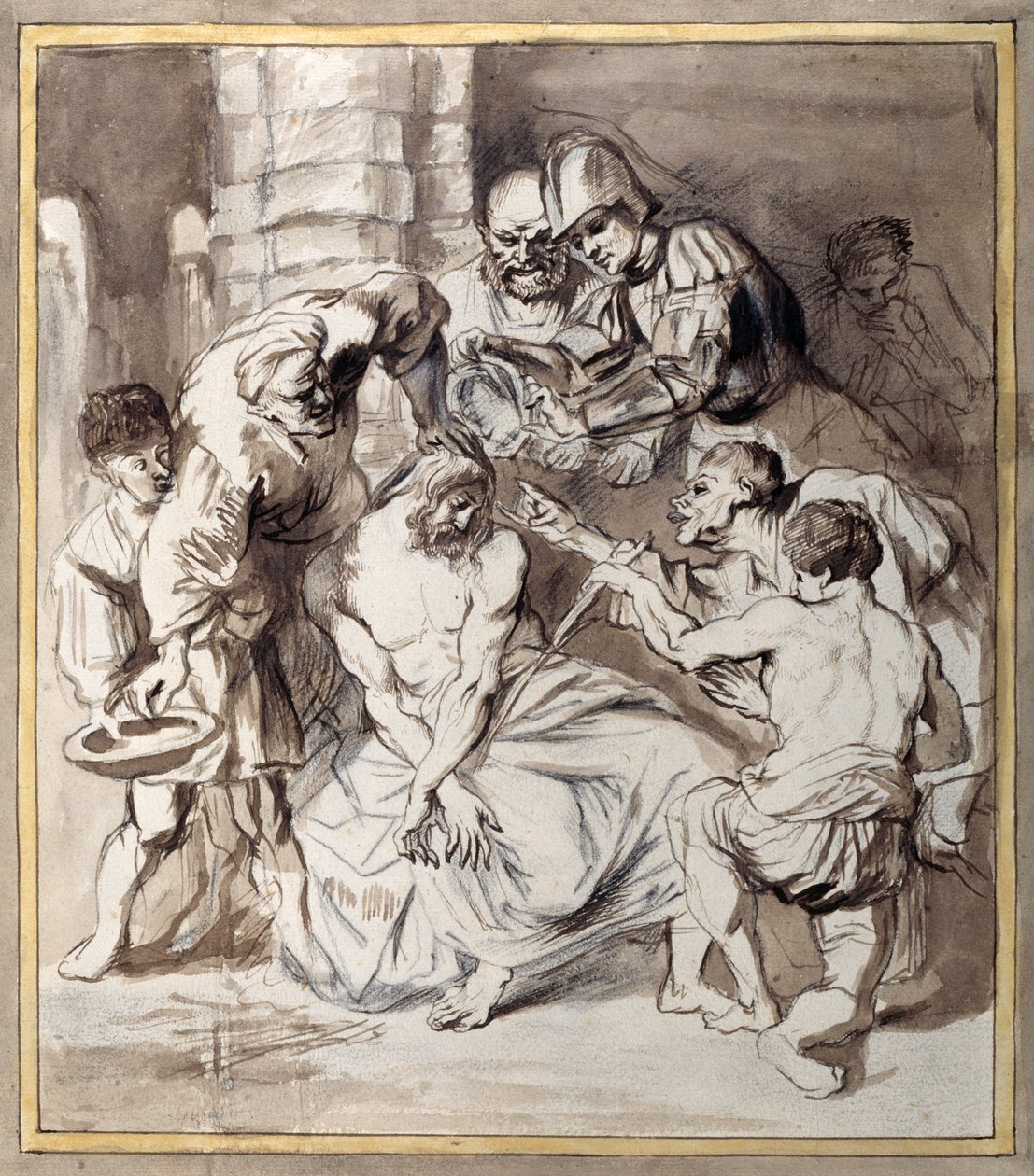 Naśmiewanie się z Chrystusa (pióro i atrament z mydłem na kredzie na papierze) autorstwa Anthony van Dyck