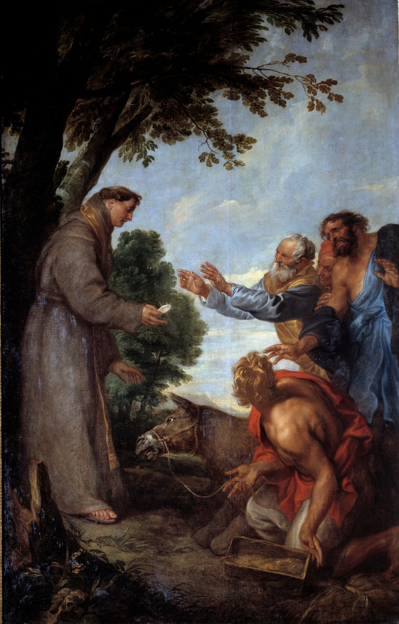 Cud muła (lub Cud św. Antoniego Padewskiego (san antonio di padova) w Tuluzie) Muł Żyda Guillard kłania się przed hostią pokazaną przez św. Antoniego Padewskiego, przygotowując jego koryto z jedzeniem. Jego pan nawraca się na widok tego mir autorstwa Anthony van Dyck