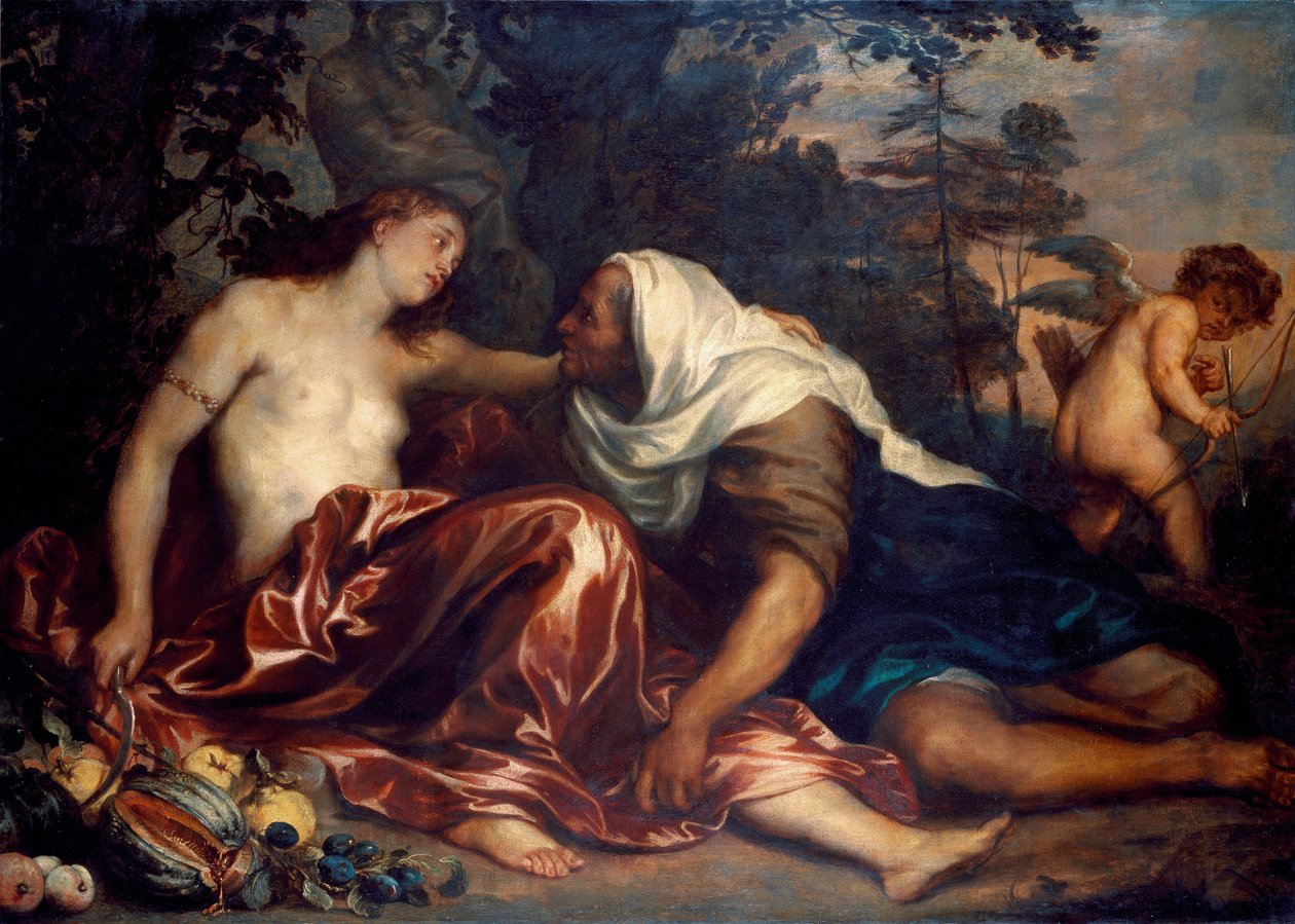 Vertumne i Pomone (Jowisz i Ceres): Vertumne, zakochana w nimfie Pomone, przebiera się za staruszkę, aby się do niej zbliżyć. Obraz Antoniego Van Dycka (1599-1641) 1623-1625 nd. 141x197 cm Geny, Galleria di Palazzo Bianco autorstwa Anthony van Dyck