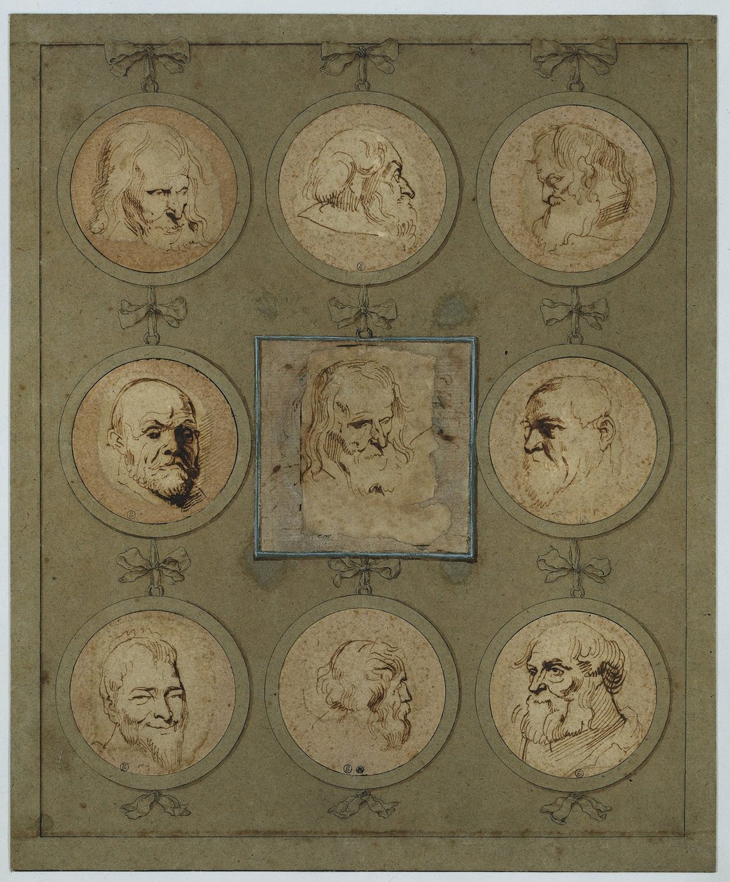 Arkusz zbiorczy z dziewięcioma studiami głów w medalionach autorstwa Anthony van Dyck