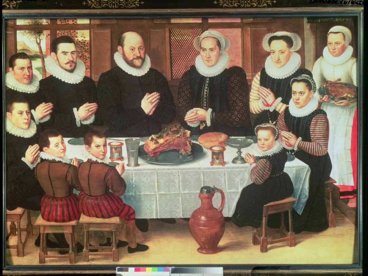 Rodzina odmawiająca łaskę przed posiłkiem, 1585 autorstwa Anthuenis Claeissins or Claeissens