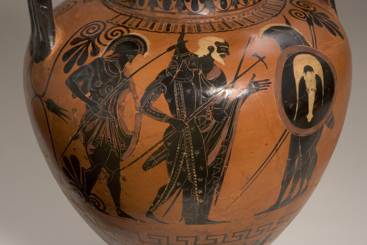 Strychowa amfora czarnofigurowa przedstawiająca sceny z okresu wojny trojańskiej z ceramicznym detalem z 249017 autorstwa Antimenes Painter