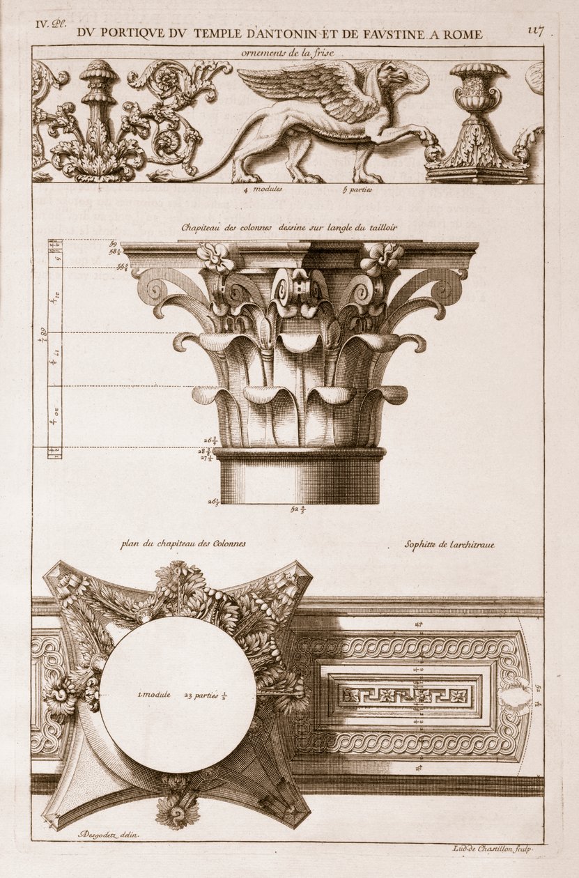 Świątynia Antoninusa i Faustyny, szczegóły z portyku, z "Les Edifices Antiques de Rome", opublikowane w 1682 r. autorstwa Antoine Babuty Desgodets