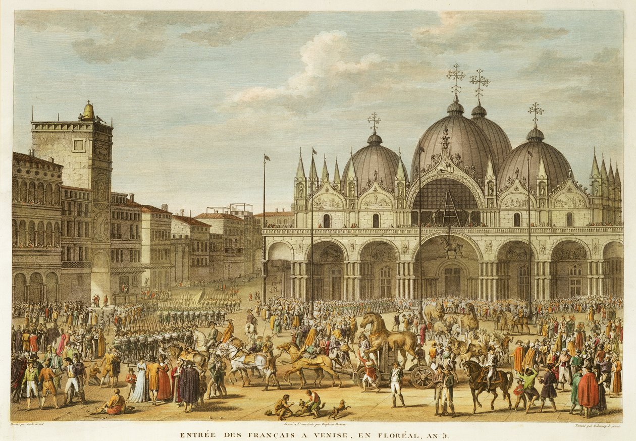 Wjazd Francuzów do Wenecji i kradzież koni San Marco, w Floreal, rok 5 (maj 1797) rycina Jean Duplessi-Bertaux (1747-1819) (akwatinta) autorstwa Antoine Charles Horace Vernet