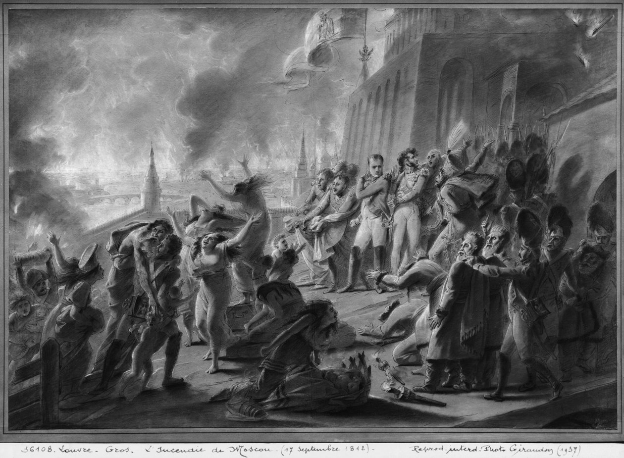 Pożar Moskwy we wrześniu 1812 r. (pióro i brązowy tusz oraz szary wash i gwasz podkreśla na papierze) autorstwa Antoine Jean Gros
