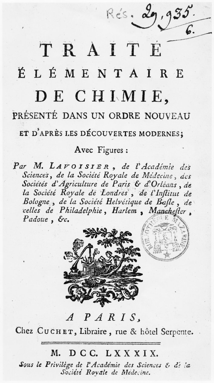 Strona tytułowa "Traite Elementaire de Chimie", wydanej w Paryżu w 1789 r. autorstwa Antoine Laurent de Lavoisier