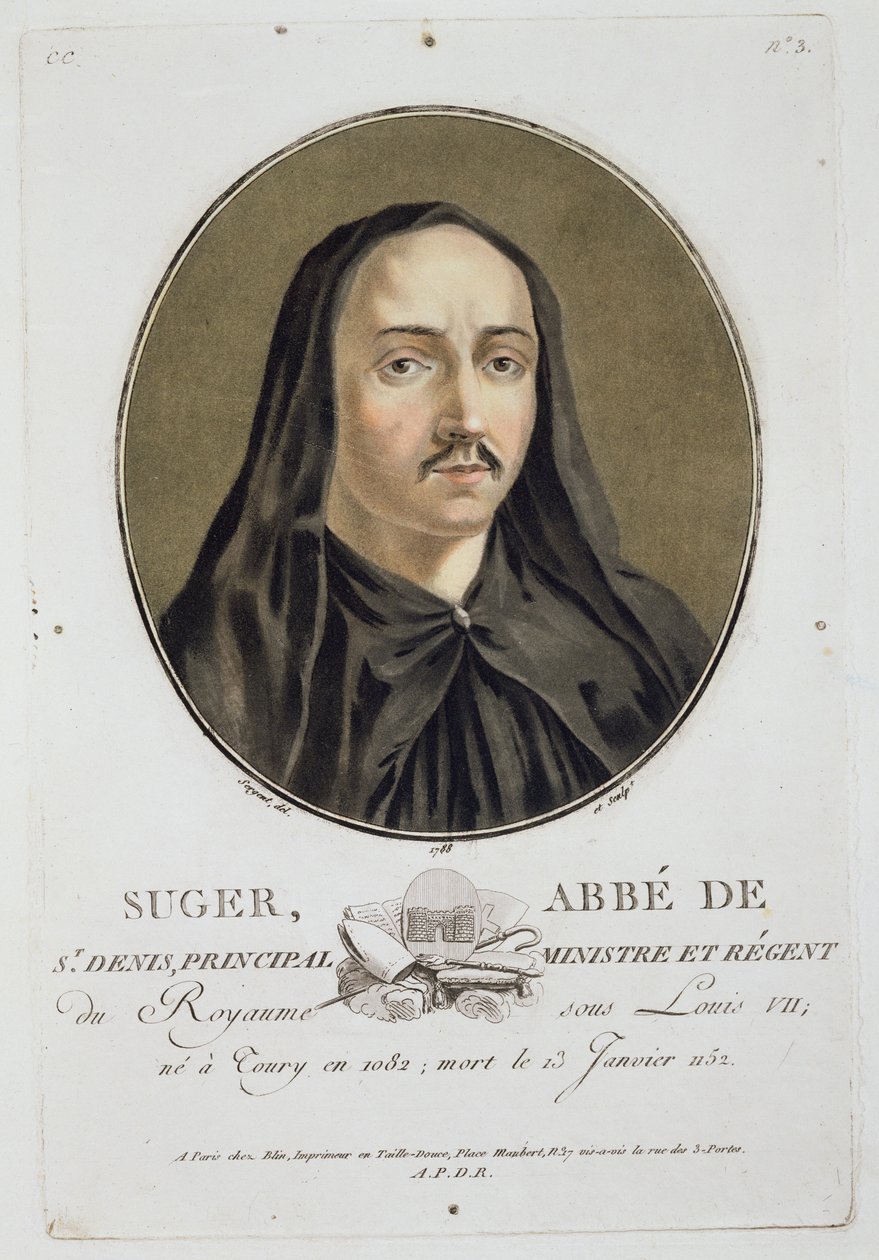 Abbe de Suger (1082-1151) z „Portrety wielkich mężczyzn, znamienitych kobiet i pamiętnych poddanych Francji”, opublikowane 1787-92 autorstwa Antoine Louis Francois Sergent Marceau