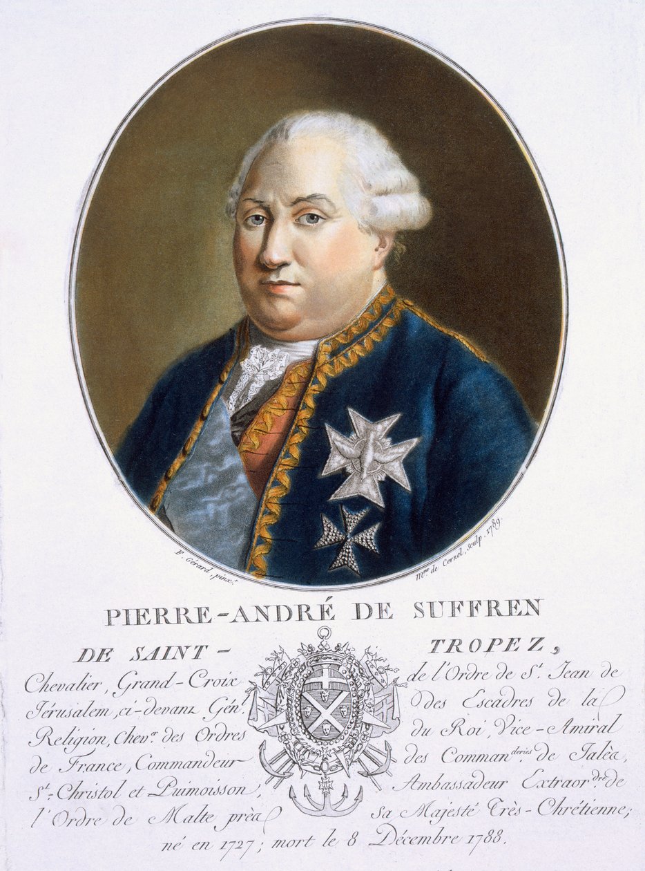 Pierre-Andre de Suffren de St Tropez, z „Portrety wielkich mężczyzn, znamienitych kobiet i pamiętnych poddanych Francji, grób i ryciny w kolorach”, wydanej przez Pierre Blina, 1786-92, Paryż (kol. autorstwa Antoine Louis Francois Sergent Marceau