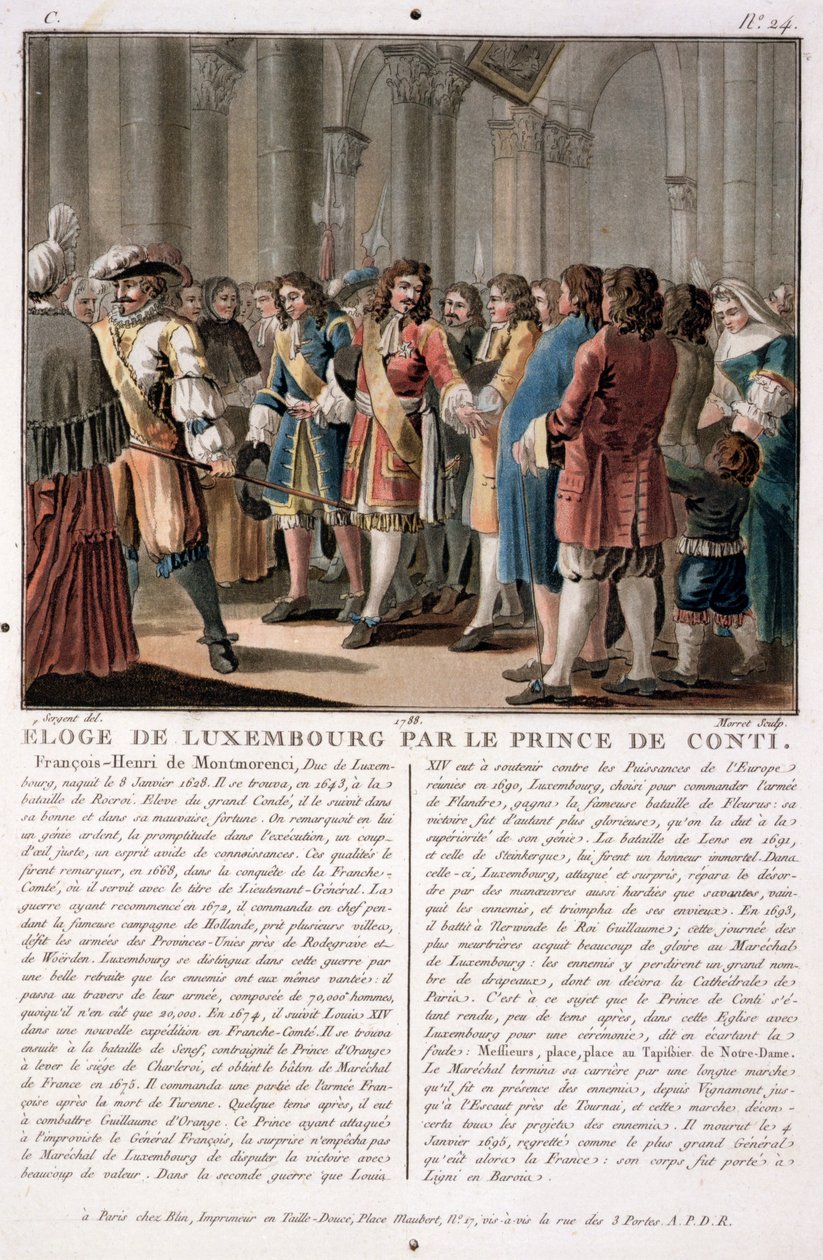 Książę de Conti (1664-1709) chwali księcia Luksemburga (1628-95) po jego zwycięstwie w bitwie pod Neerwinden (1693), sztychowany przez Jean Baptiste Morret (fl.1790-1820), 1788 (kolorowa rycina autorstwa Antoine Louis Francois Sergent Marceau