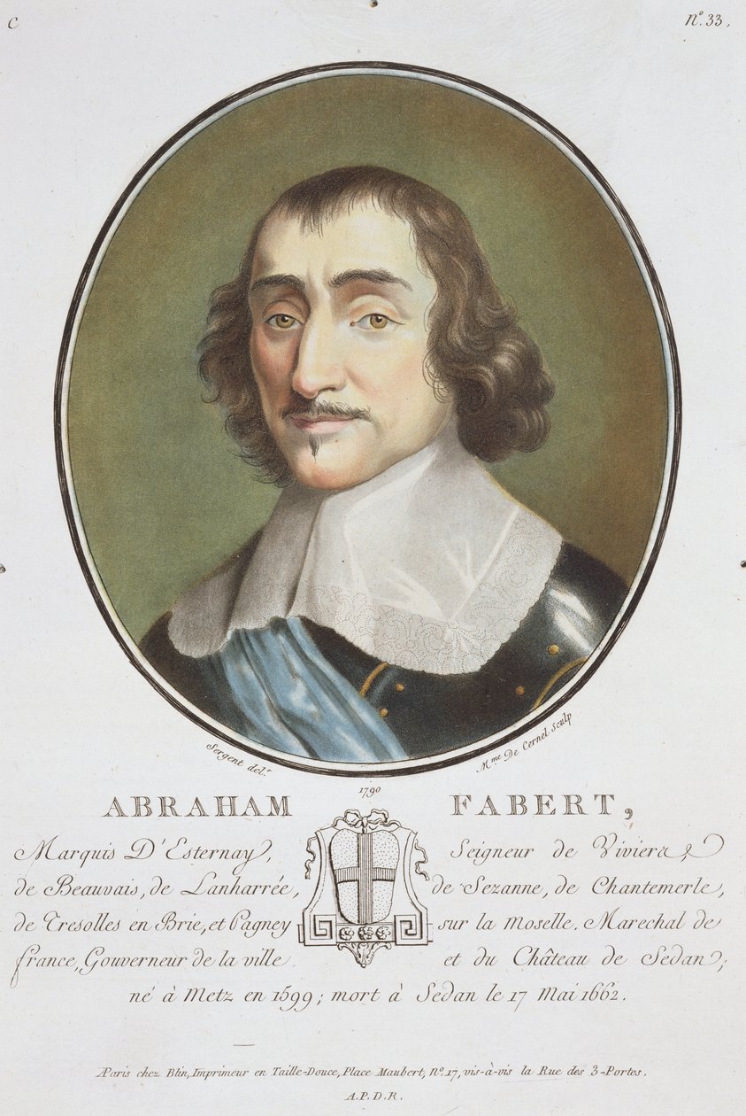 Abraham de Fabert (1599-1662) z „Portrety wielkich mężczyzn, znamienitych kobiet i pamiętnych poddanych Francji”, ryciny przez panią de Cernel, opublikowane 1787-92 autorstwa Antoine Louis Francois Sergent Marceau