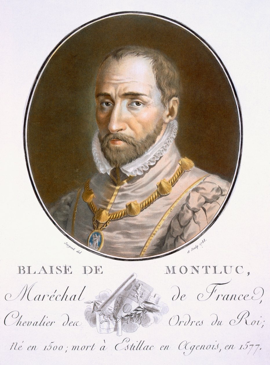 Blaise de Montluc, z „Portrety wielkich mężczyzn, wybitnych kobiet i pamiętnych poddanych Francji, grawerowane i drukowane w kolorach”, wydane przez Pierre Blin, 1786-92, Paryż (kolorowe grawerowanie) autorstwa Antoine Louis Francois Sergent Marceau