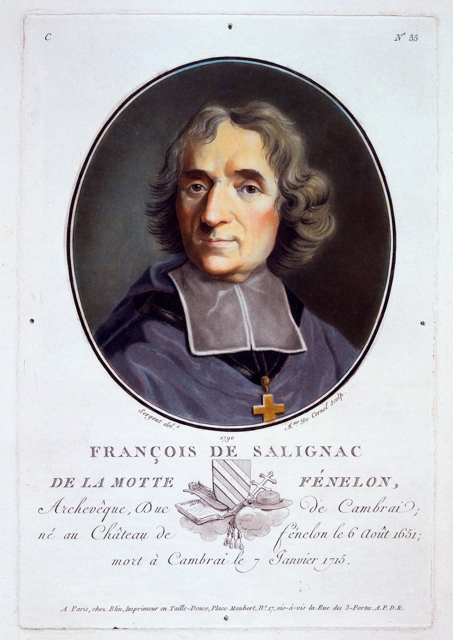 François Fénelon, z „Portrety wielkich mężczyzn, wybitnych kobiet i pamiętnych poddanych Francji, grawerowane i drukowane w kolorach”, opublikowane przez Pierre Blin, 1786-92, Paryż (kolorowe grawerowanie) autorstwa Antoine Louis Francois Sergent Marceau