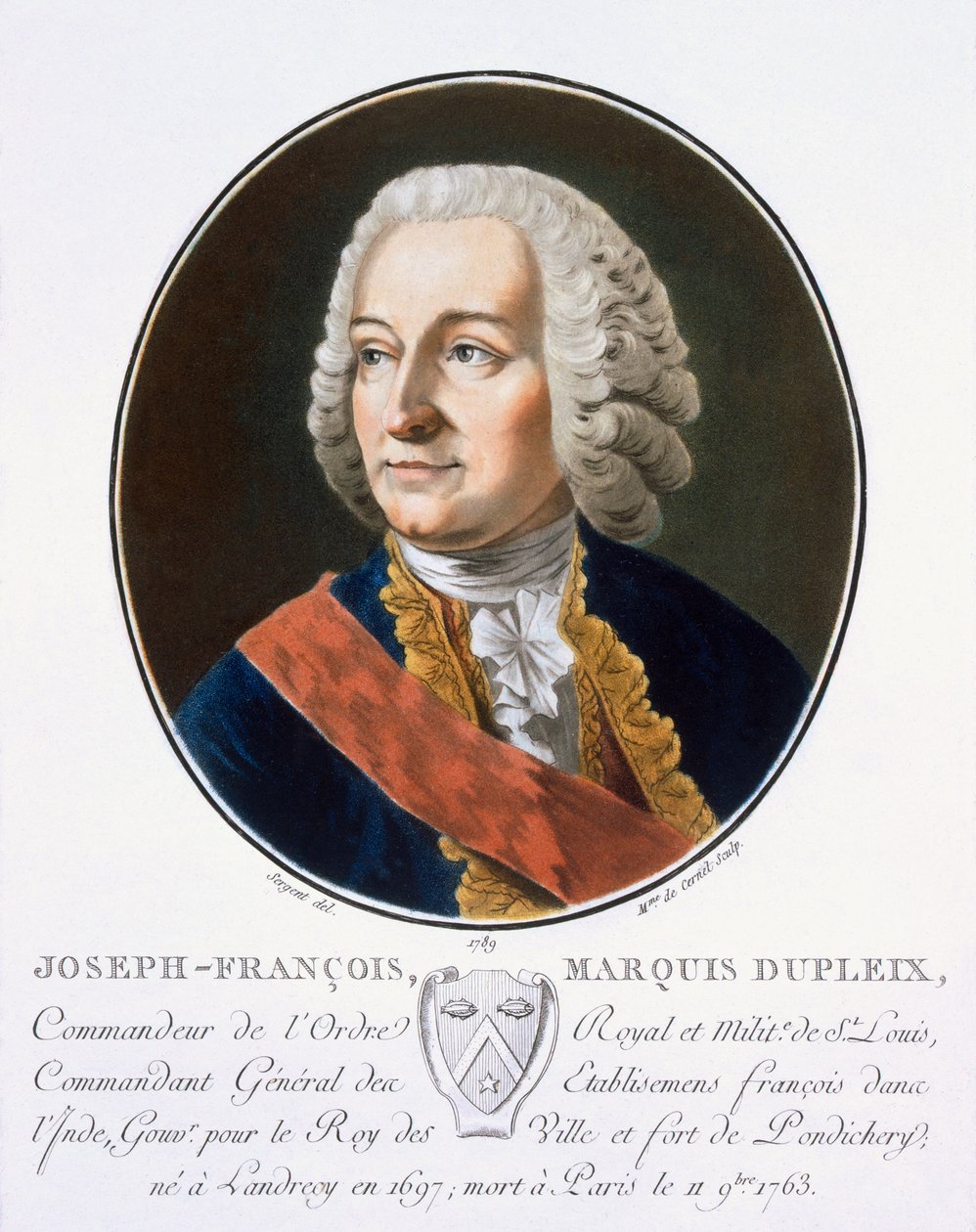 Joseph-Francois, markiz Dupleix, z „Portrety wielkich mężczyzn, wybitnych kobiet i pamiętnych poddanych Francji, grawerowane i drukowane w kolorach”, opublikowane przez Pierre Blin, 1786-92, Paryż (kolor autorstwa Antoine Louis Francois Sergent Marceau