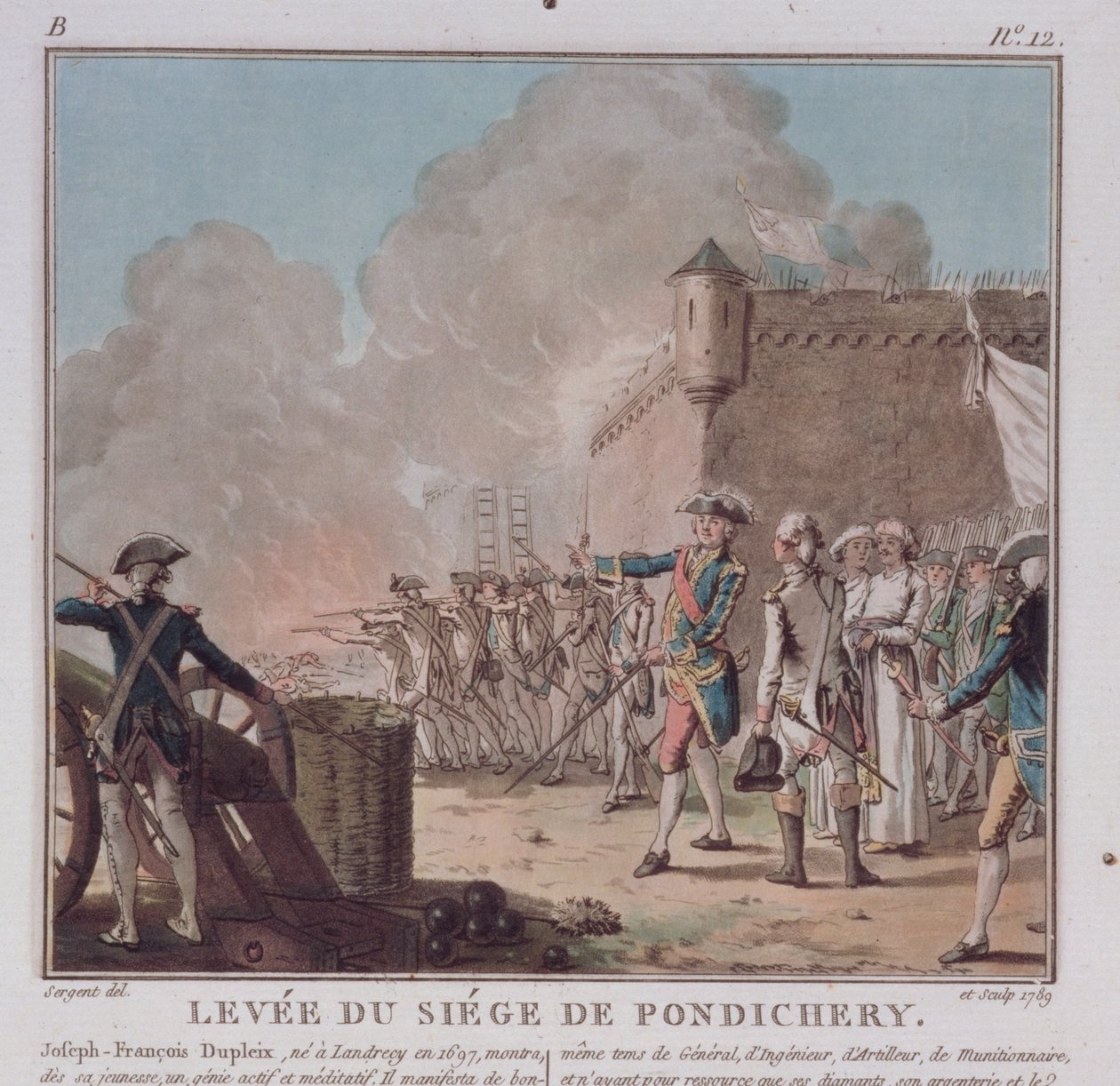 Zniesienie oblężenia Puducherry, 1748, ryty 1789 autorstwa Antoine Louis Francois Sergent Marceau