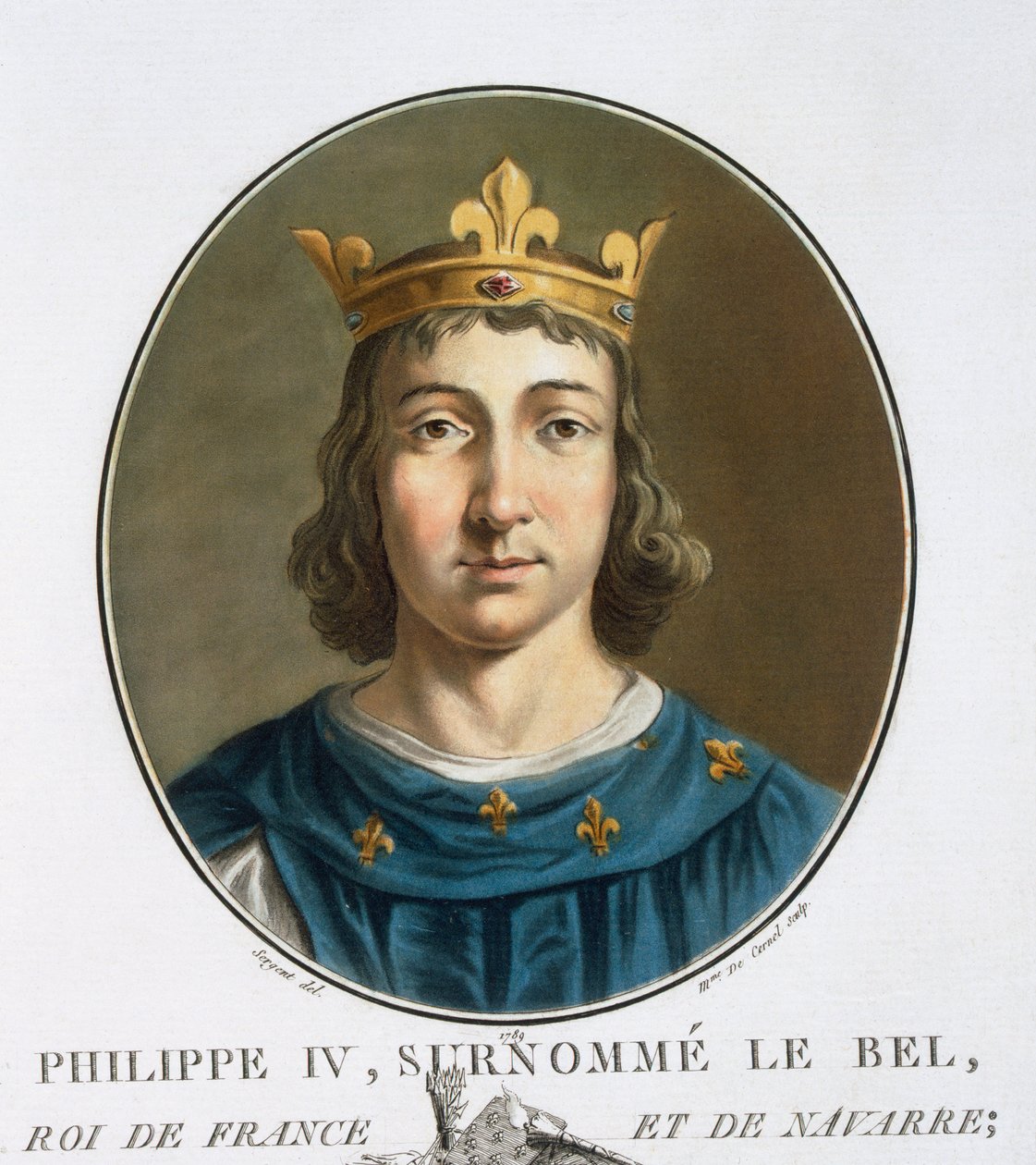 Filip IV, z „Portrety wielkich mężczyzn, znamienitych kobiet i pamiętnych poddanych Francji, grawerowane i drukowane w kolorach”, wydane przez Pierre Blina, 1786-92, Paryż (kolorowe grawerowanie) autorstwa Antoine Louis Francois Sergent Marceau