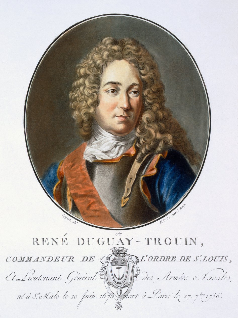 Rene Duguay-Trouin, z „Portrety wielkich mężczyzn, znamienitych kobiet i pamiętnych poddanych Francji, grawerowane i drukowane w kolorach”, opublikowane przez Pierre Blin, 1786-92, Paryż (kolorowe grawerowanie) autorstwa Antoine Louis Francois Sergent Marceau
