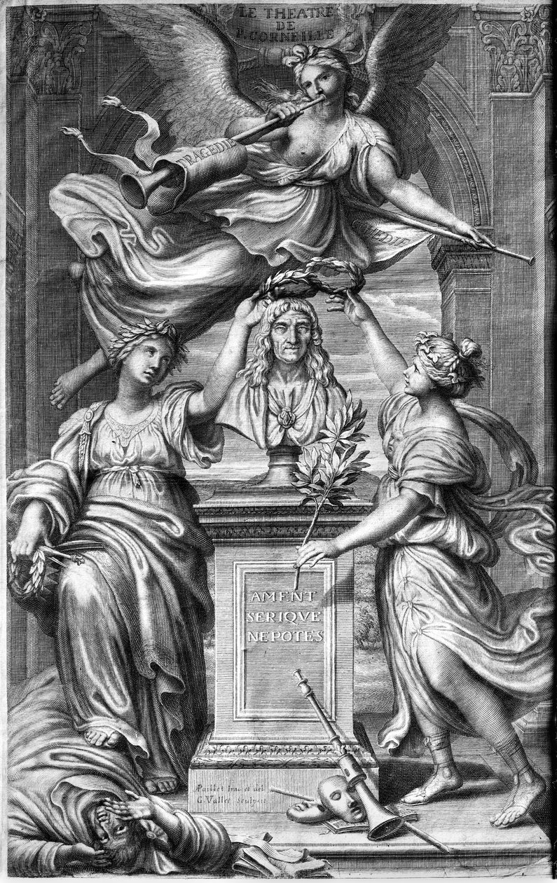 Frontyspis do wydania Le Theatre de P. Corneille, sztychowane przez Guillaume Vallet (1632-1704) wydane 1664 (fot. bw) autorstwa Antoine Paillet