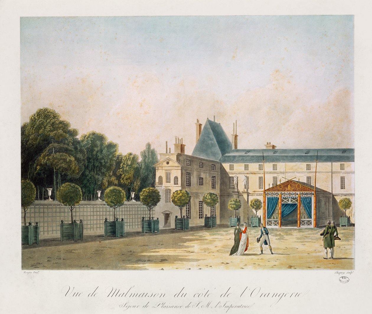 Widok Malmaison z oranżerii, rytowany przez Nicolasa Chapuy, ok. 1810s autorstwa Antoine Pierre Mongin