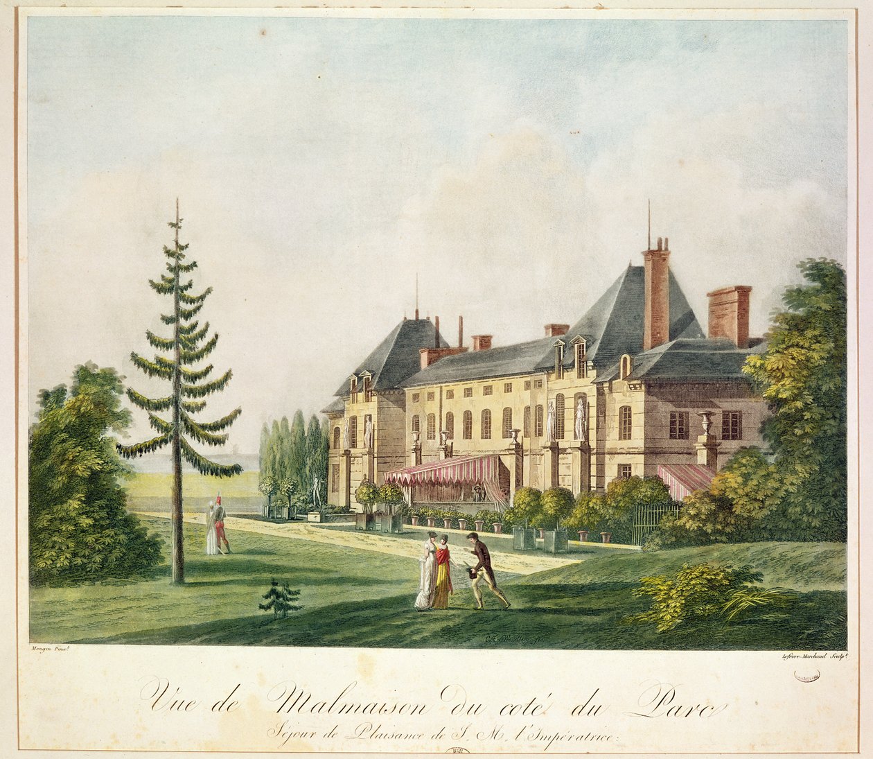 Widok Malmaison z parku, rytowany przez Marchanda Lefebvre