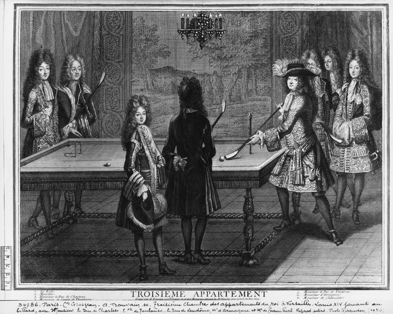 Ludwik XIV gra w bilard z bratem, Monsieur, jego siostrzeniec duc de Chartres , jego syn, Comte de Toulouse i innych krewnych i dworzan, duc de Vendome, Monsieur d