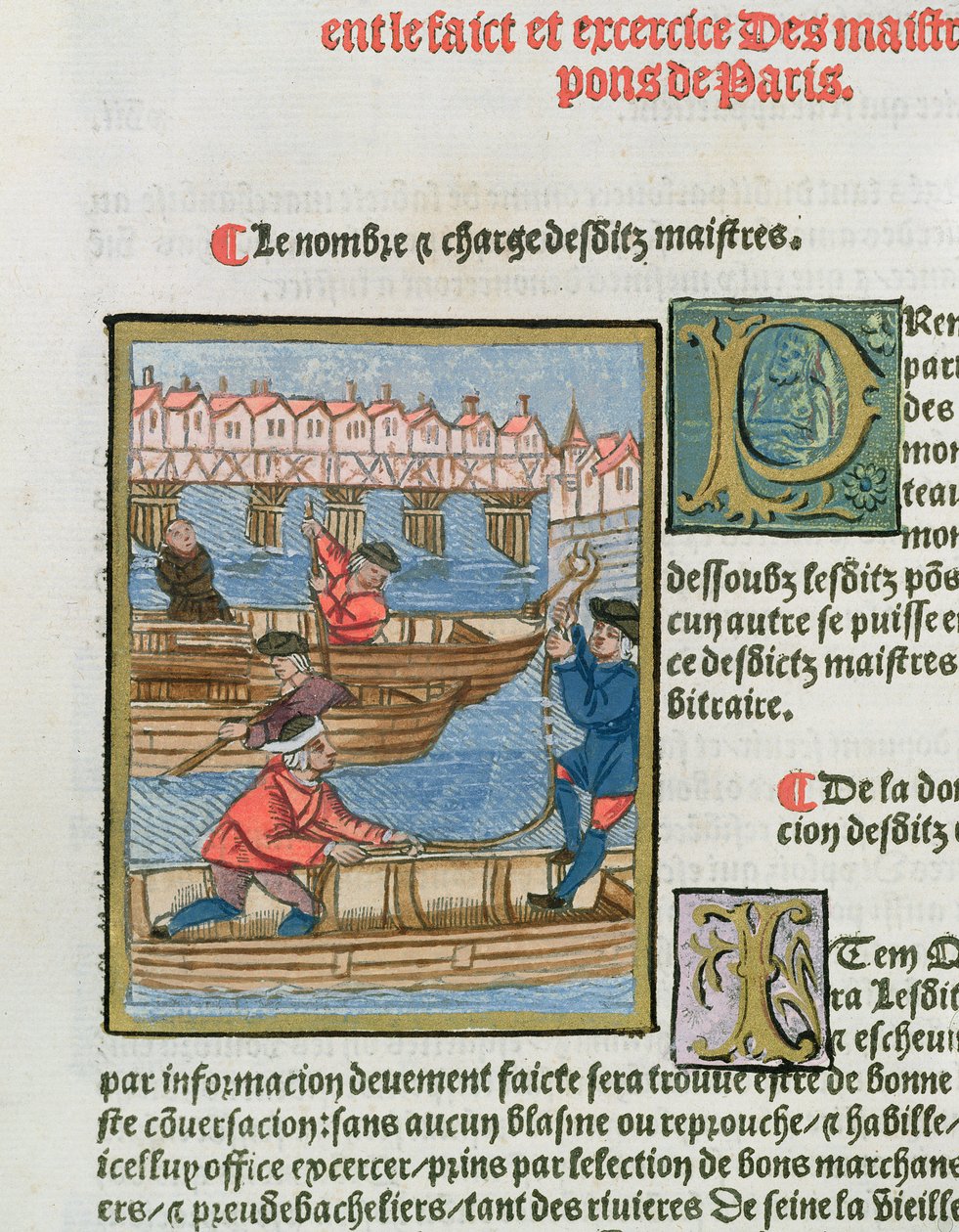 Przewoźnicy na Sekwanie, z „Ordonnances Royaux de la Juridiction de la Prevote des Marchands de la Ville de Paris”, 1528 (wc i gwasz na papierze) autorstwa Antoine Verard