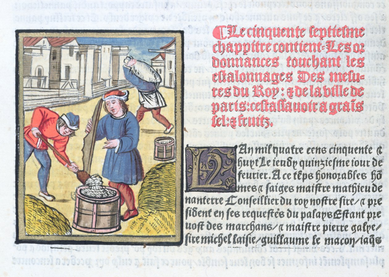 Zaprawa miarowa (lub gips), z „Ordonnances Royaux de la Juridiction de la Prevote des Marchands de la Ville de Paris”, wydanej w 1528 r. (wc i gwasz na papierze) autorstwa Antoine Verard