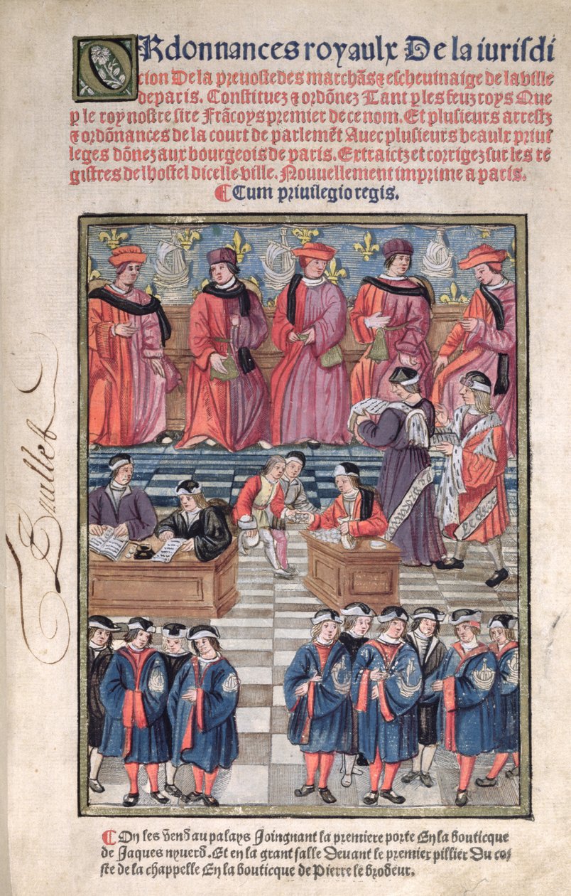 Proboszcz kupców i radnych Paryża, miejsce poboru podatków, strona tytułowa z „Ordonnances Royaux de la Juridiction de la Prevote des Marchands et Echevinage de la Ville de Paris”, 1501, nowe wyd. autorstwa Antoine Verard