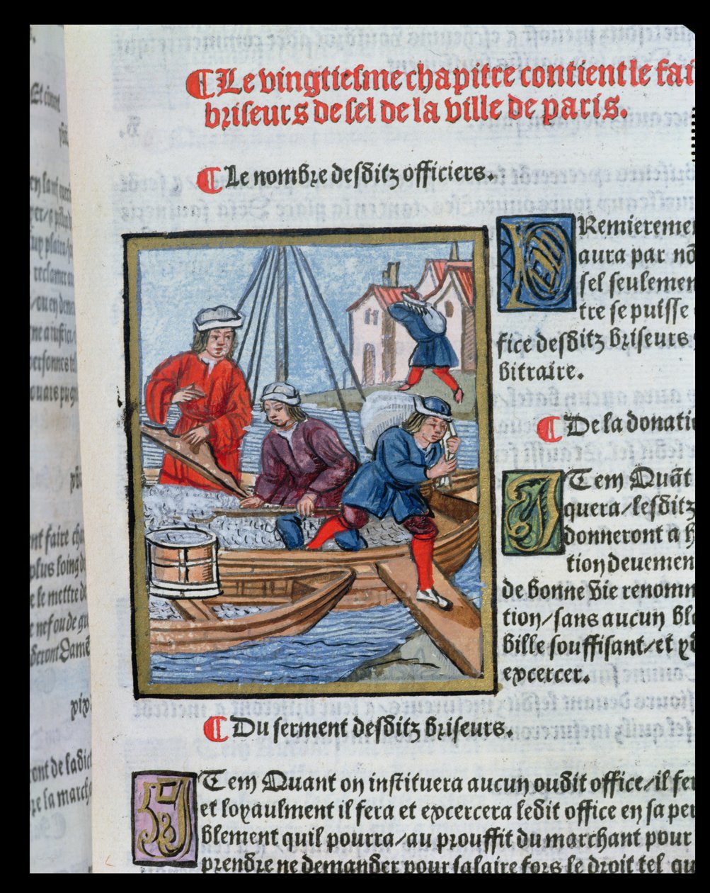 Miara i transport soli, z „Ordonnances Royaux de la Juridiction de la Prevote des Marchands de la Ville de Paris”, 1528 (wc i gwasz na papierze) autorstwa Antoine Verard