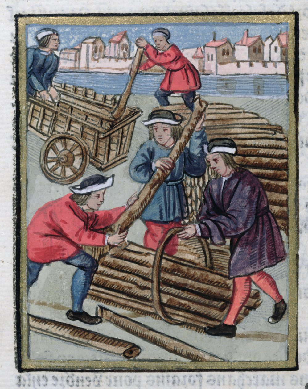 „Mouleur”, robotnik zatrudniony do kontrolowania i mierzenia sprzedaży drewna, z „Ordonnances Royaux de la Juridiction de la Prevote des Marchands de la Ville de Paris”, 1528 (wc i gwasz na papierze) autorstwa Antoine Verard