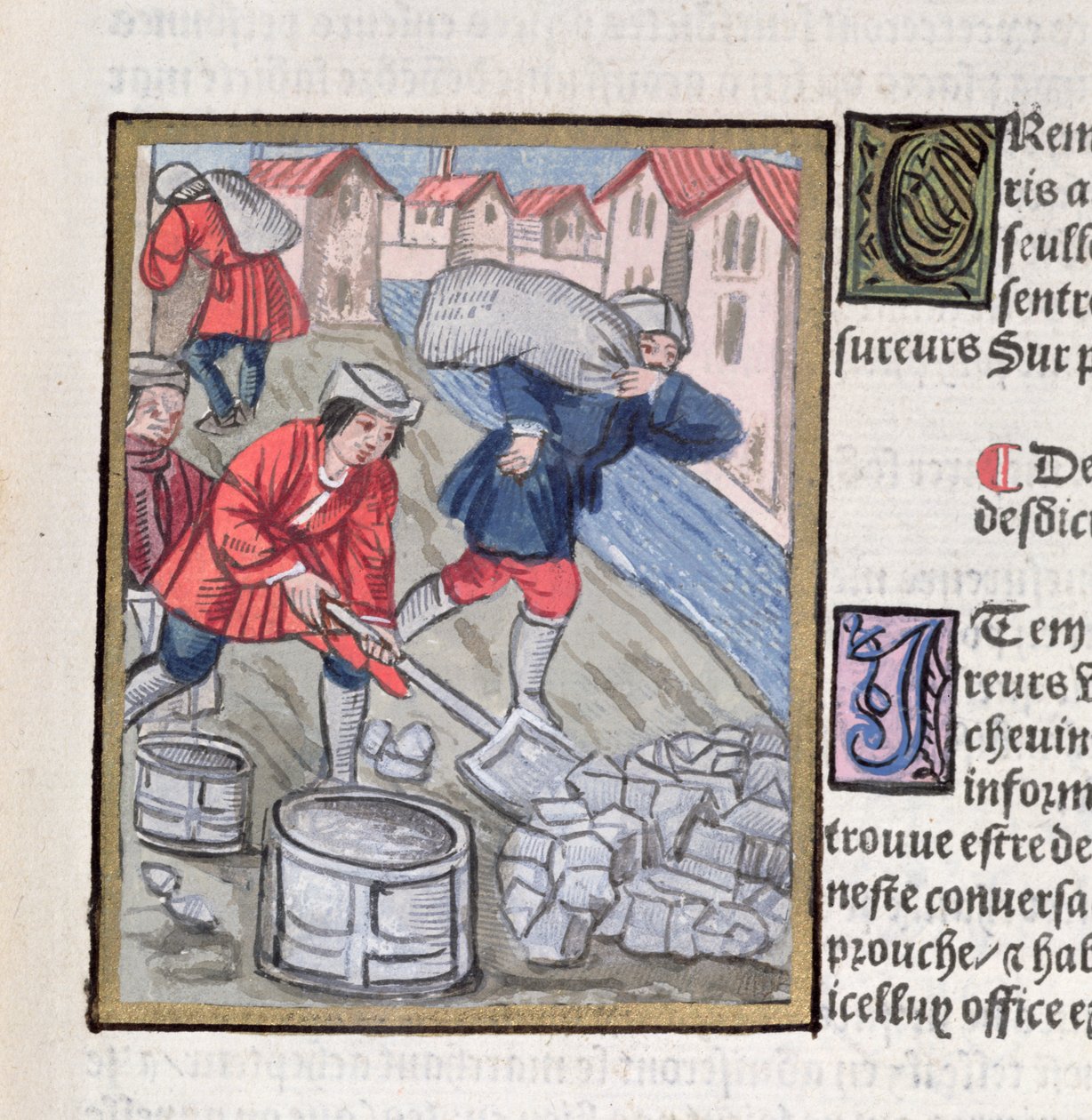 Miara i transport węgla, z „Ordonnances Royaux de la Juridiction de la Prevote des Marchands de la Ville de Paris”, 1528 (wc i gwasz na papierze) autorstwa Antoine Verard