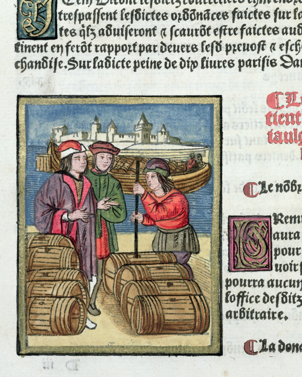 Miara i transport wina z „Ordonnances Royaux de la Juridiction de la Prevote des Marchands de la Ville de Paris”, 1528 (wc i gwasz na papierze) autorstwa Antoine Verard