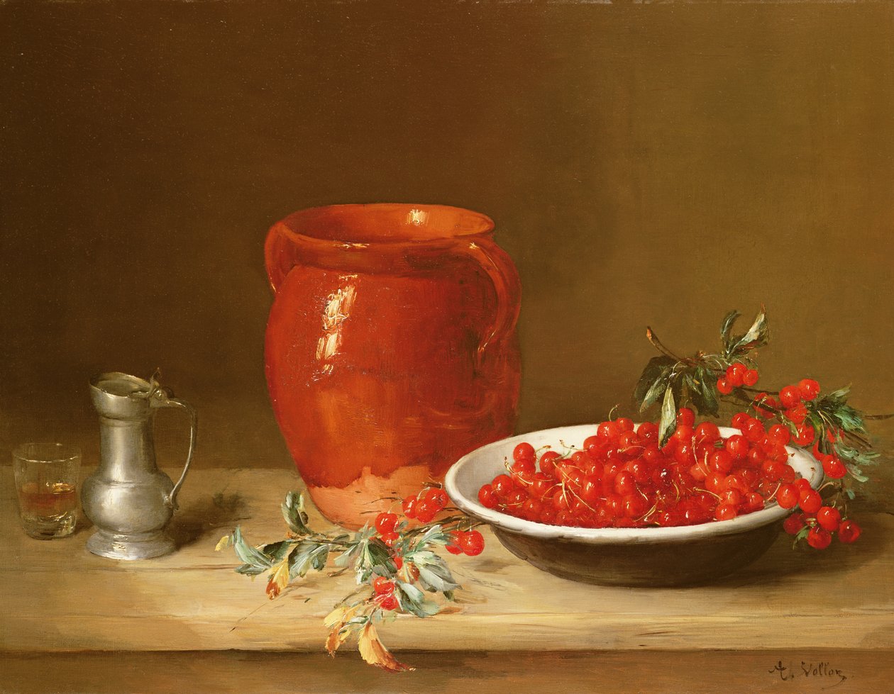 Martwa natura z wiśniami w misce autorstwa Antoine Vollon